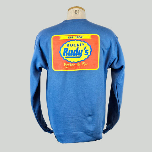 Blue sweatshirt with a colorful logo on a mannequin against a white background