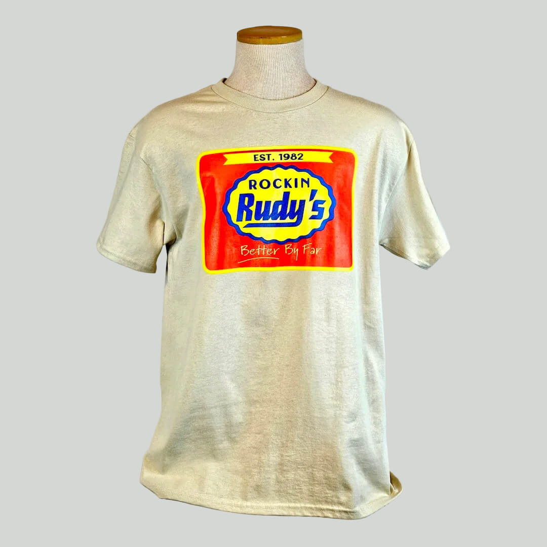 Beige t-shirt with a colorful logo on a mannequin against a white background