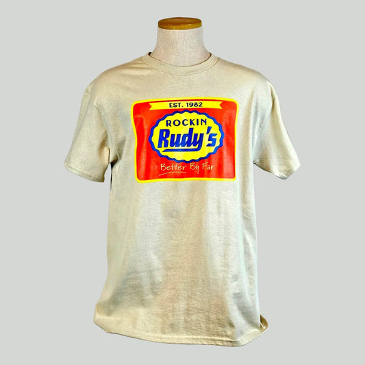 Beige t-shirt with a colorful logo on a mannequin against a white background