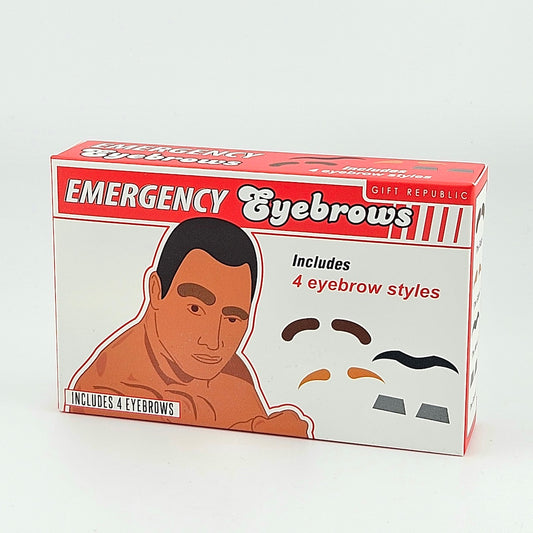 Box of 'Emergency Eyebrows' with illustrations on a white background