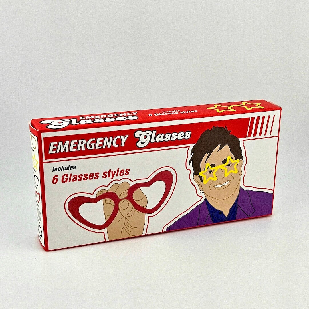 Box of 'Emergency Glasses' with illustrations on a white background