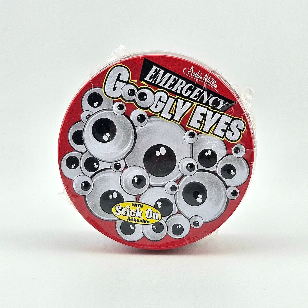 Pack of googly eyes with a red label on a white background