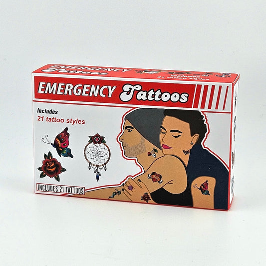 Box of emergency tattoos with illustrations on a white background