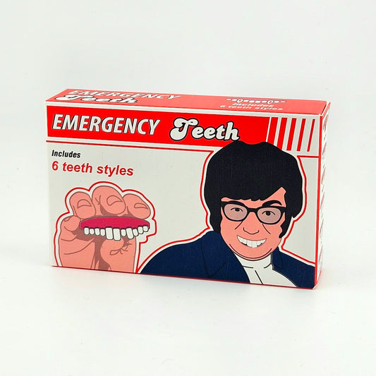 Box of 'Emergency Teeth' with an Austin Powers cartoon character on a white background