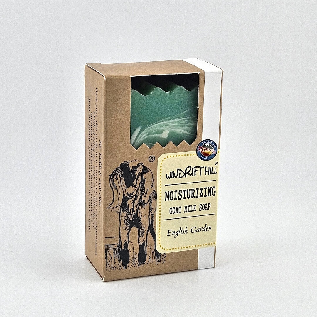 Box of Windrift Hill moisturizing goat milk soap on a gray background