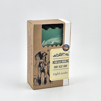 Box of Windrift Hill moisturizing goat milk soap on a gray background