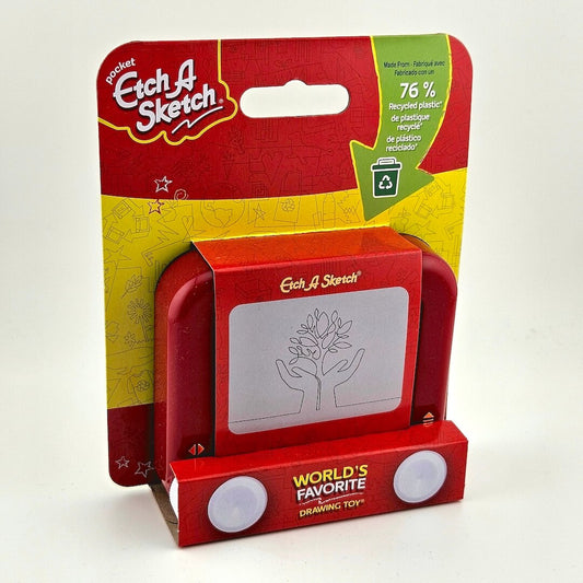 Red Etch A Sketch toy in its packaging with visible branding and recycling information.