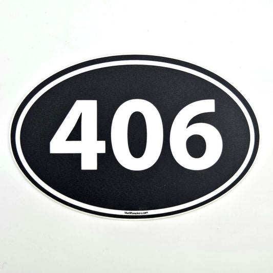 Oval-shaped sticker with the number '406' on a black background