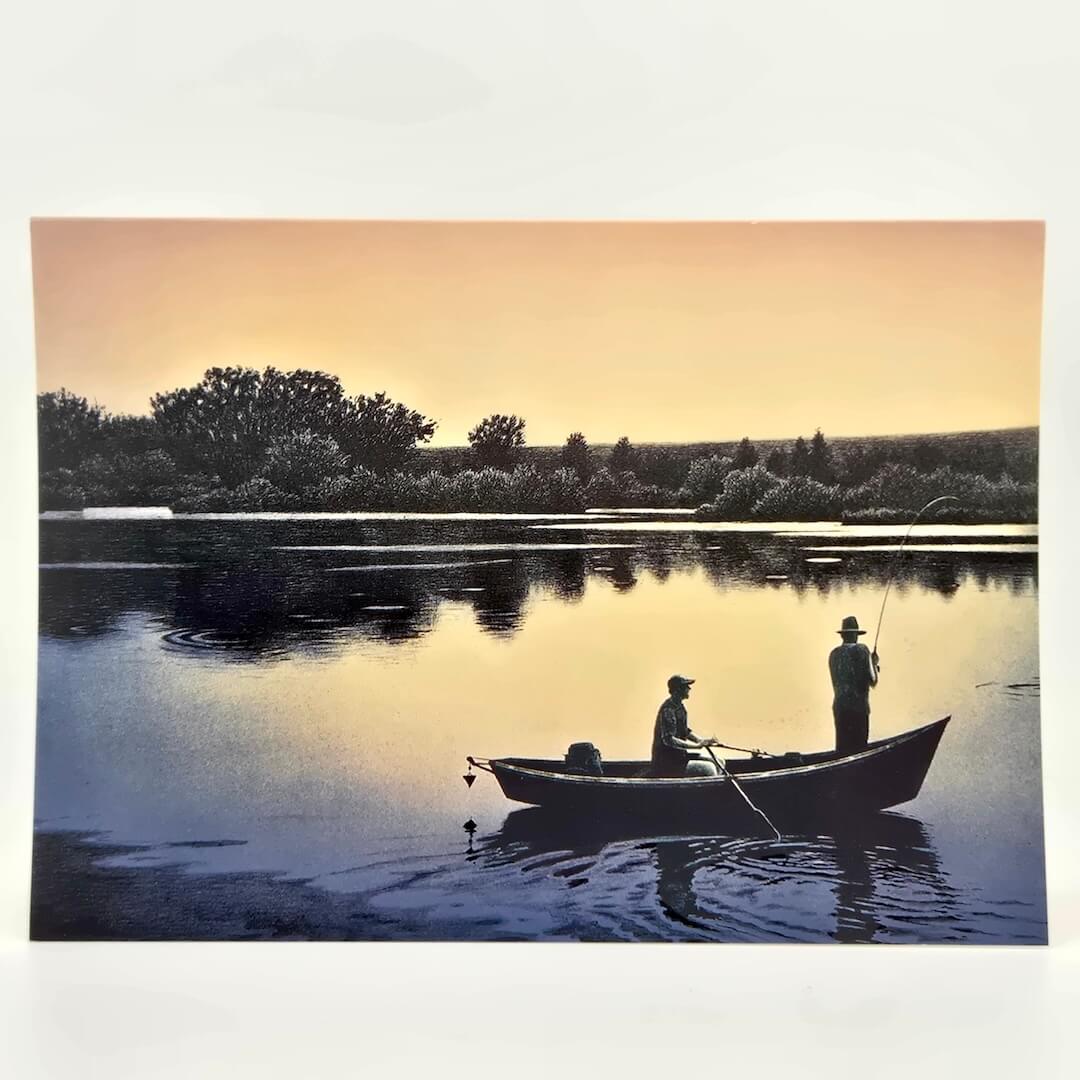 Illustration of two people fishing in a boat on a lake at sunset.