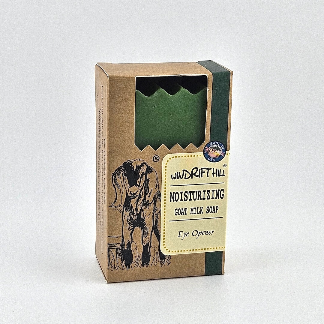 Box of Windrift Hill moisturizing goat milk soap on a gray background