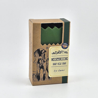 Box of Windrift Hill moisturizing goat milk soap on a gray background