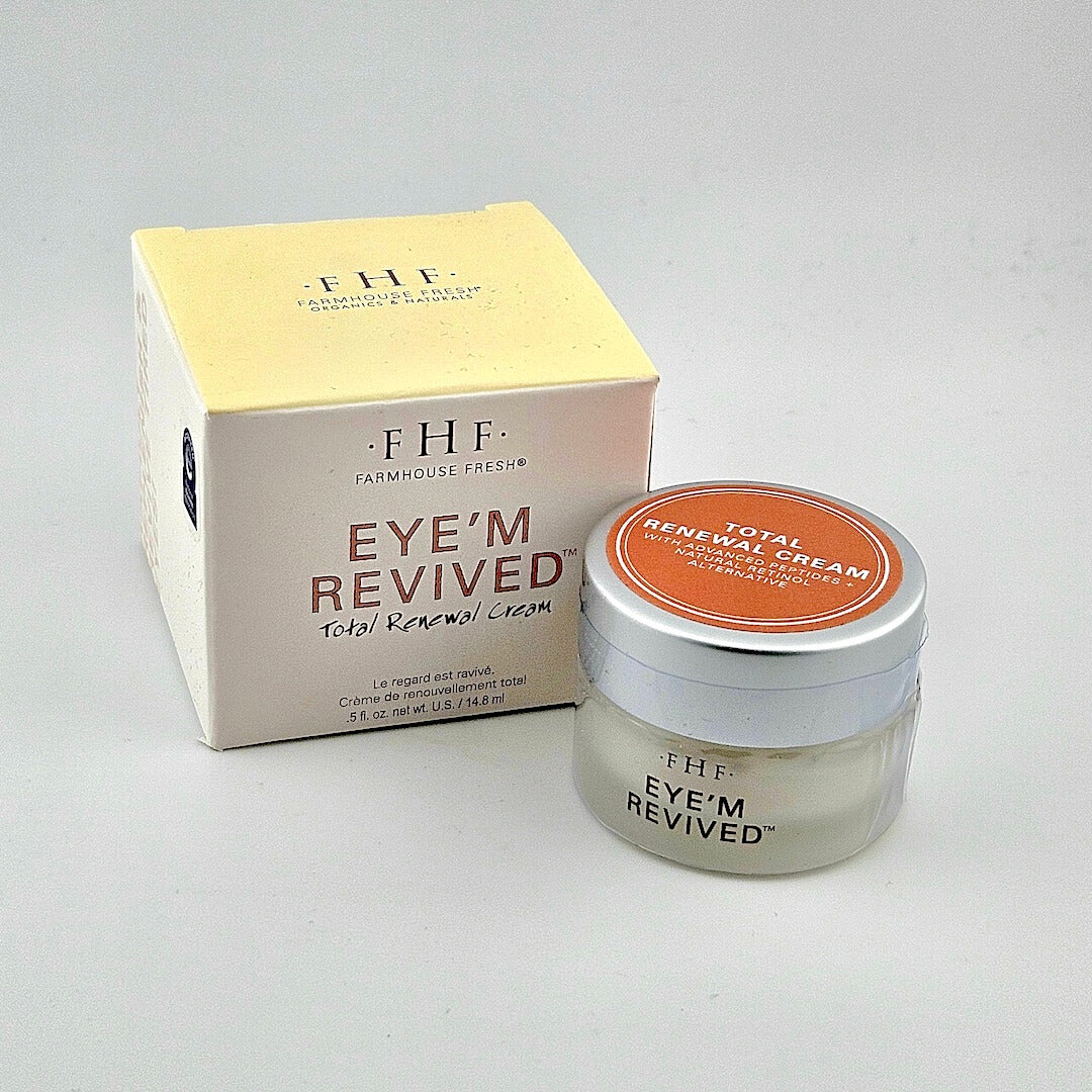 Farmshouse Fresh 'Eye'm Revived' Total Renewal Cream jar and box on a gray background