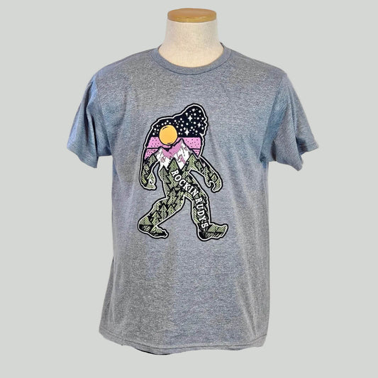 Gray t-shirt with a graphic design on a mannequin against a white background