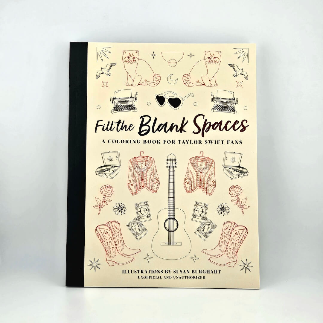 Coloring book titled 'Fill the Blank Spaces' for Taylor Swift fans on a white background