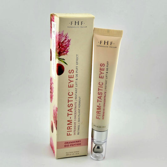 Firm-Tastic Eyes skincare product with packaging on a light gray background