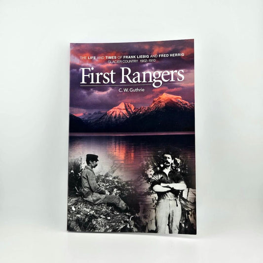 Book titled 'First Rangers' with a cover featuring a mountain landscape and two people by a lake.
