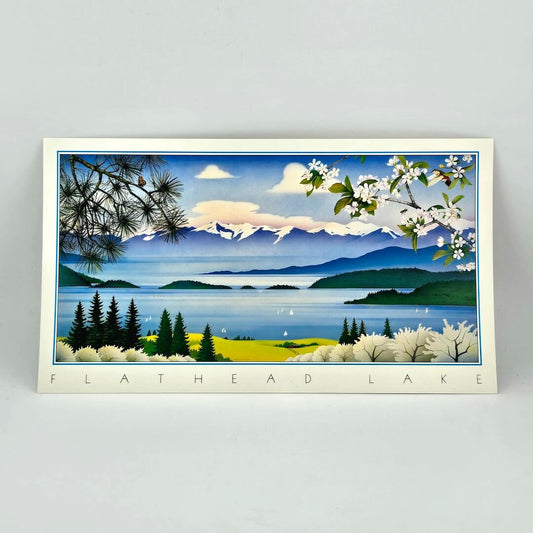 Illustration of Flathead Lake with trees and mountains on a white background