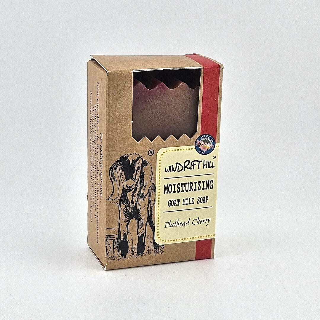 Box of Windrift Hill moisturizing goat milk soap on a gray background