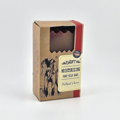 Box of Windrift Hill moisturizing goat milk soap on a gray background