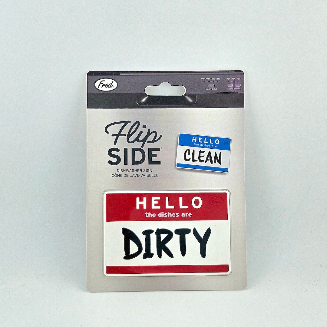 Packaging of a dishwashing aid with 'Hello' and 'Dirty' labels on a white background