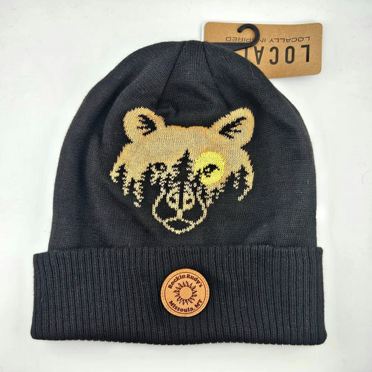 Black beanie with bear design and leather patch on a white background