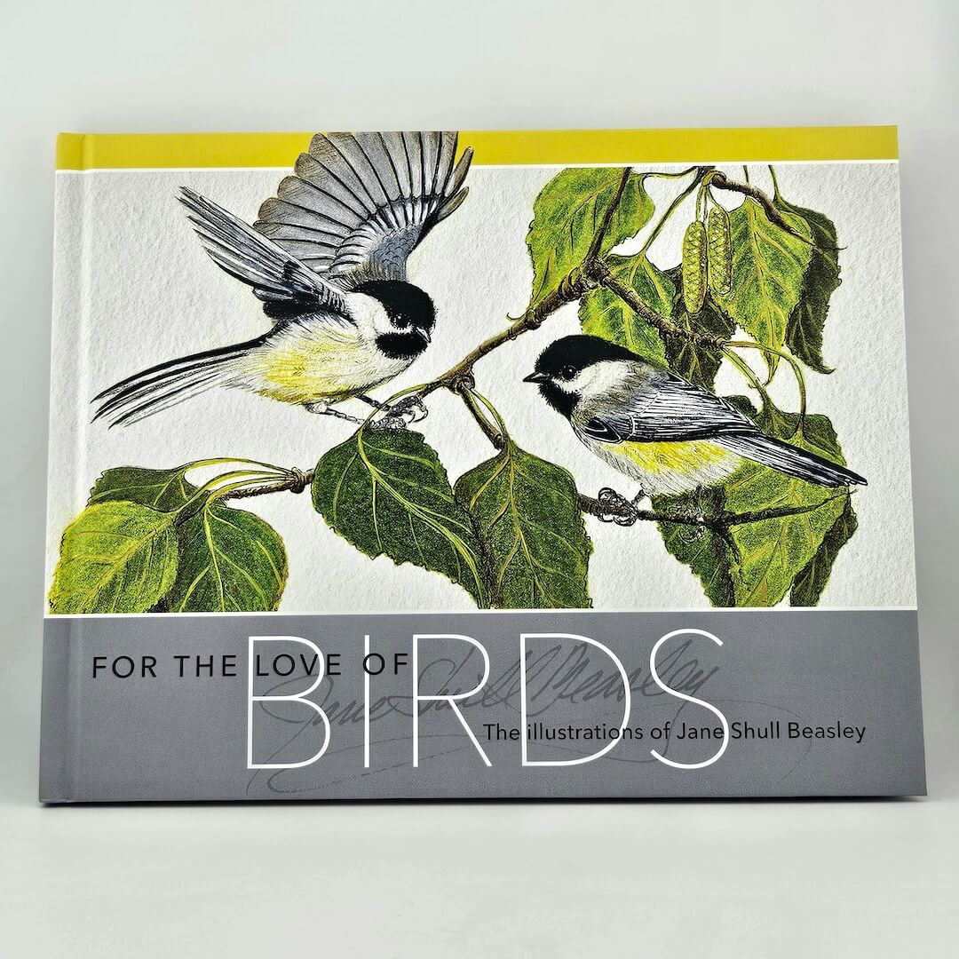 Book cover of 'For the Love of Birds' with illustrations of birds on a branch.