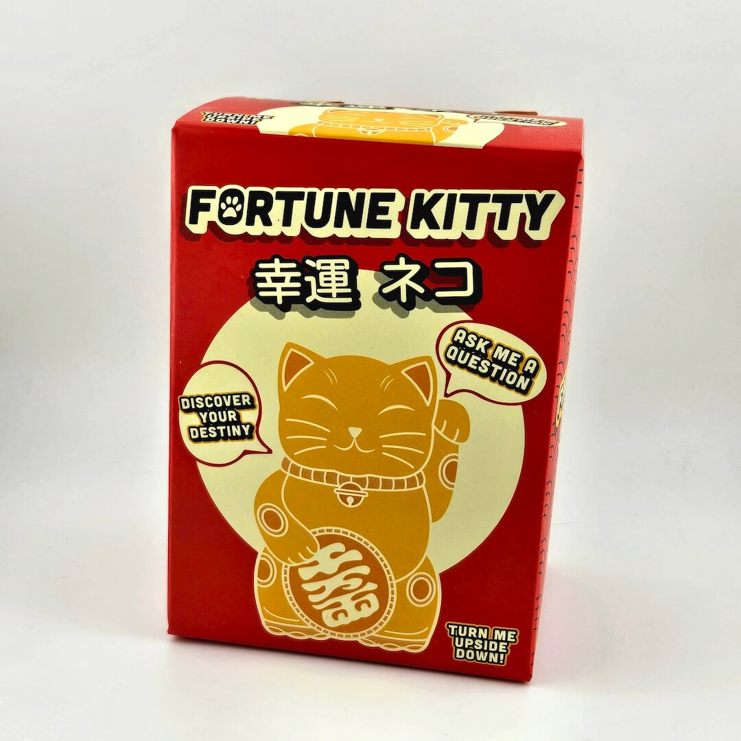 Fortune Kitty packaging with a red background and cat illustration