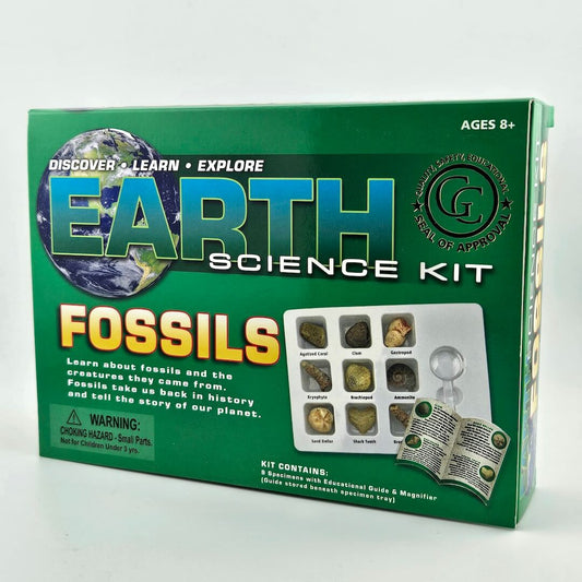 Earth Science Kit packaging with fossils on a white background