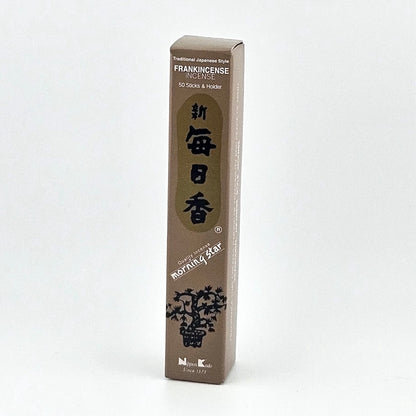 brown box of 50 incense sticks with Japanese writing above bonsai tree packaging on gray background.