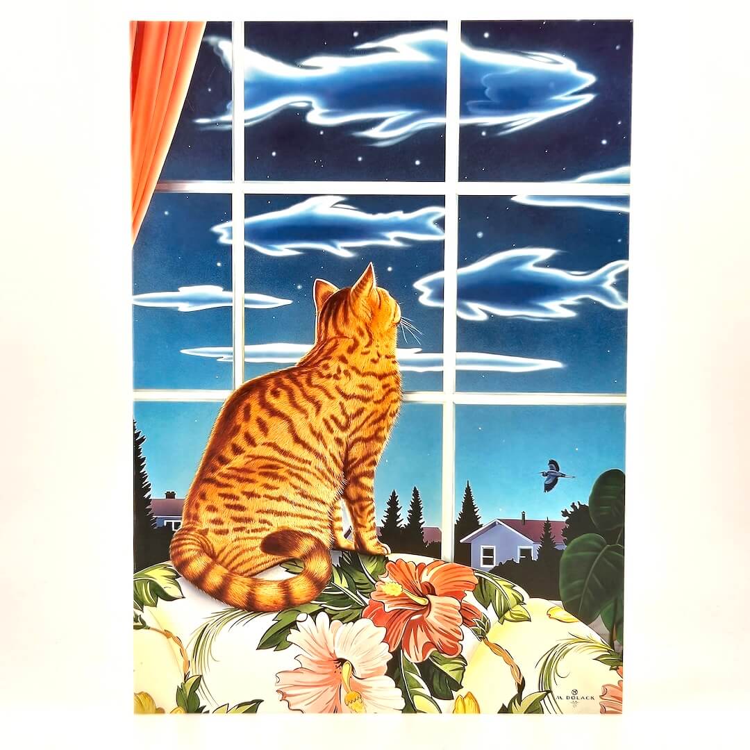 Illustration of cat looking out a window with fish shaped clouds in the sky.