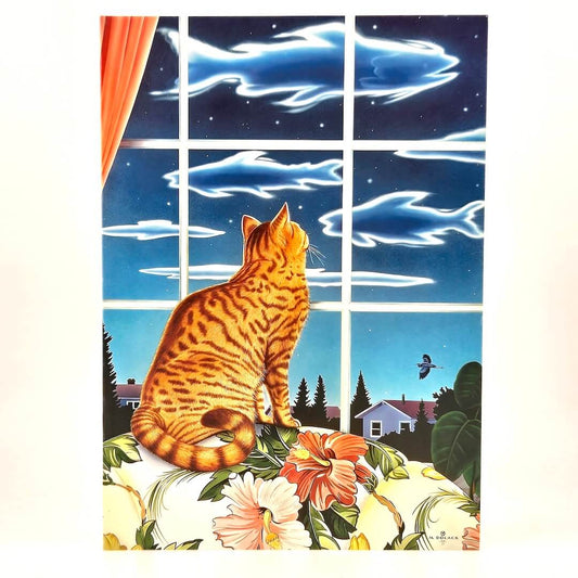 Illustration of cat looking out a window with fish shaped clouds in the sky.