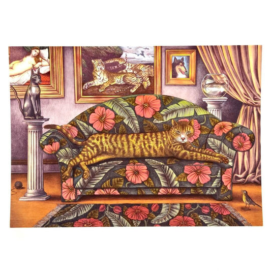 Decorative sofa with floral and animal pattern in a room setting.