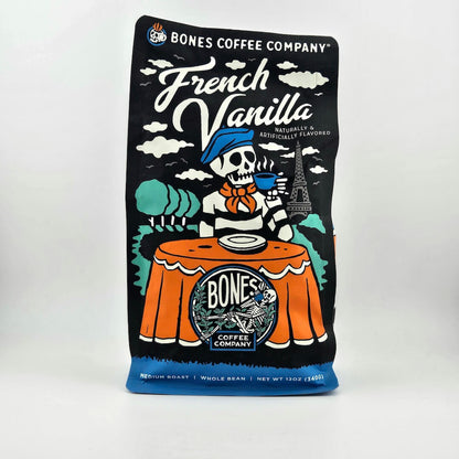 Bones Coffee Company French Vanilla coffee package on a white background