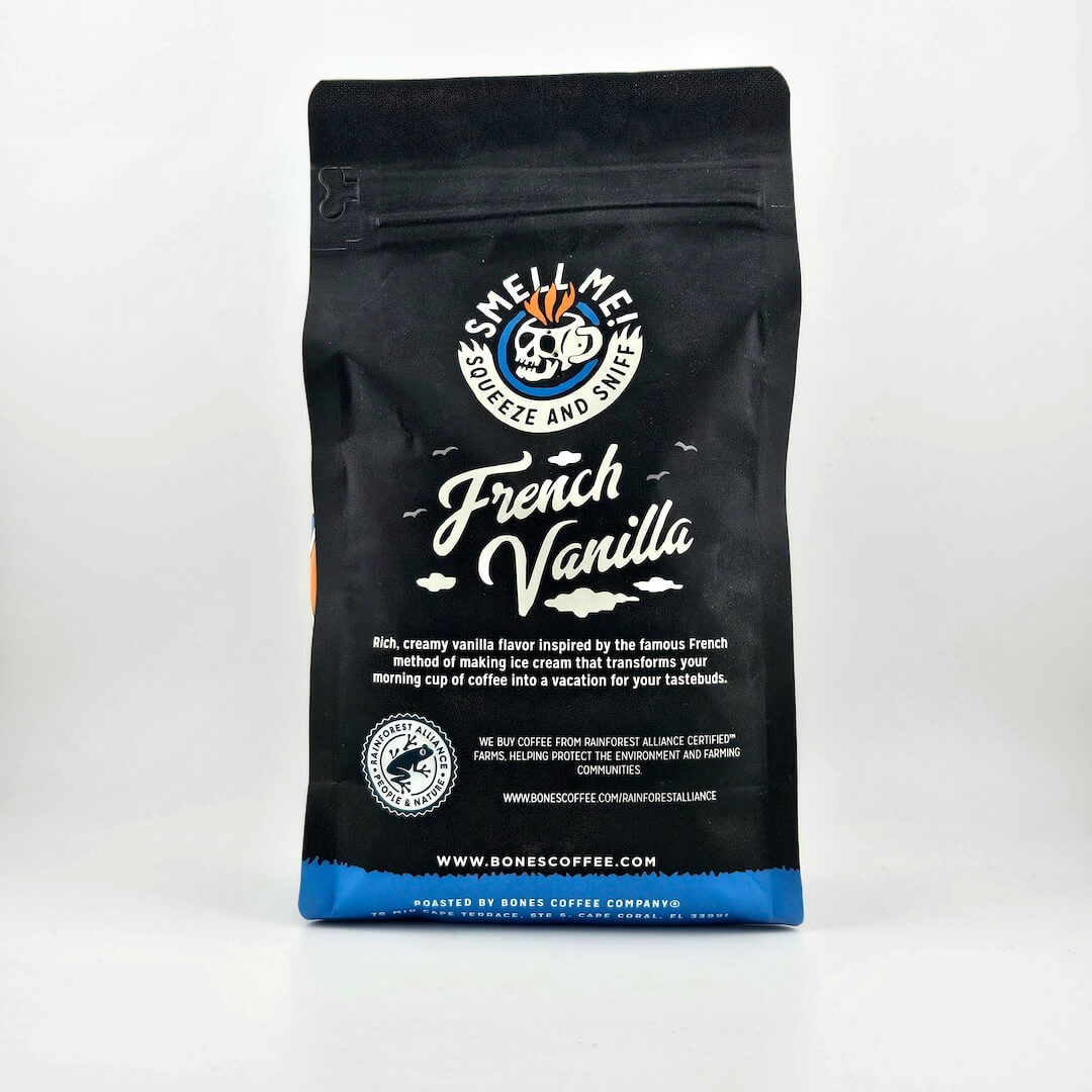 Black coffee bag with "Bones Coffee Company" branding and skeleton illustration. 