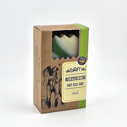 Box of Windrift Hill moisturizing goat milk soap on a gray background