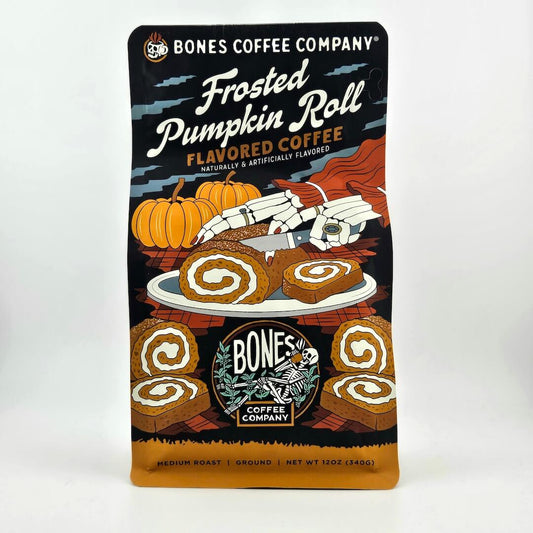 Pack of Bones Coffee Company Frosted Pumpkin Roll flavored coffee on a white background
