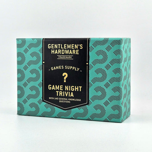 Gentlemen's Hardware Game Night Trivia box with teal and black design on a white background