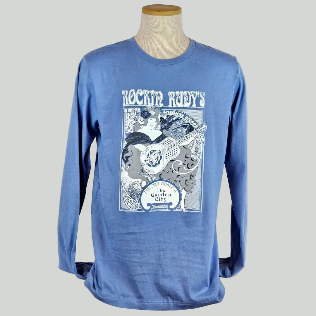 Blue long-sleeve shirt with graphic design on a mannequin against a plain background