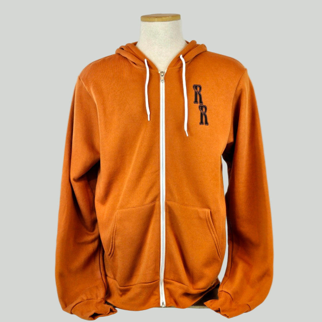 Orange hoodie with a logo on a mannequin against a white background