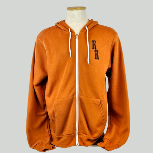 Orange hoodie with a logo on a mannequin against a white background