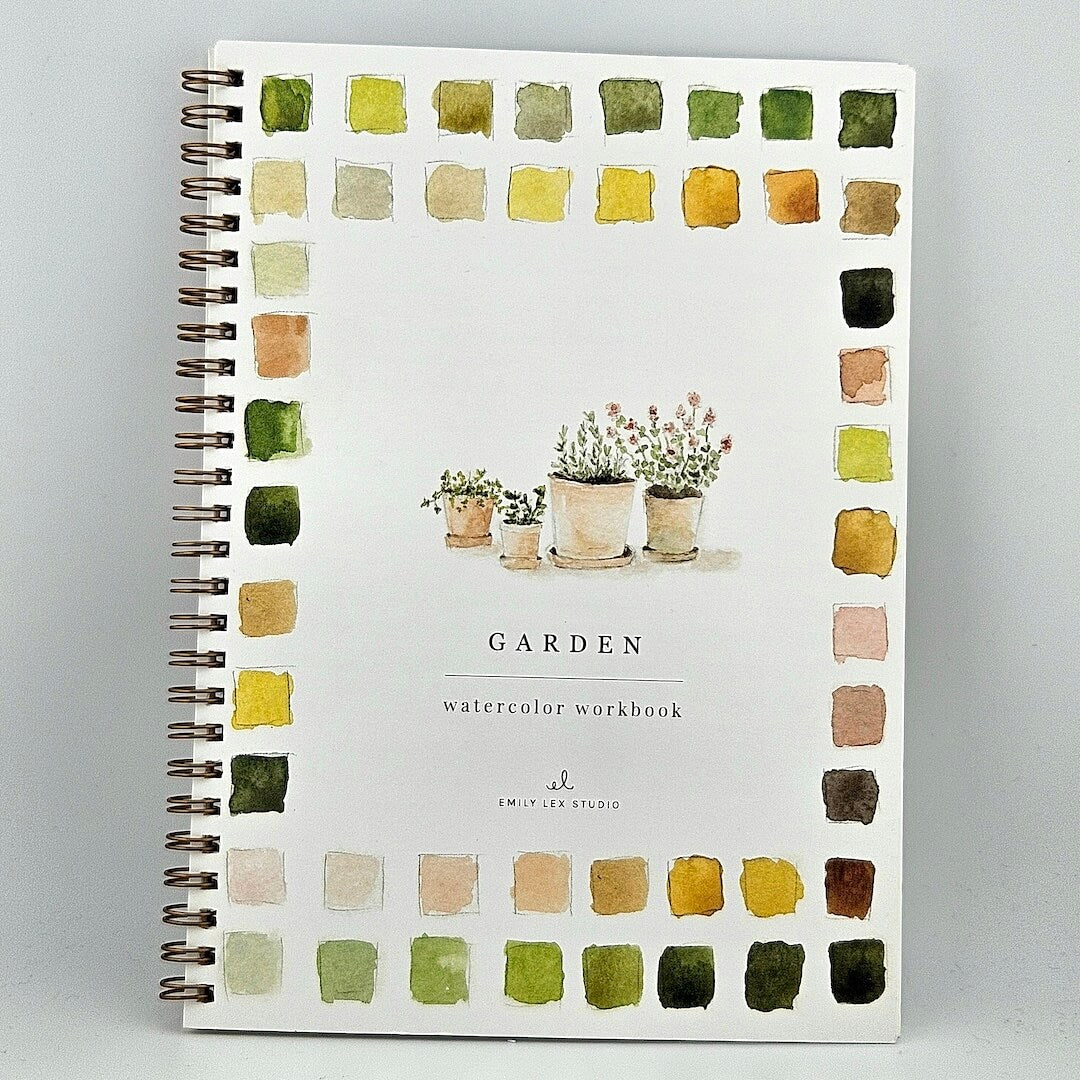 Notebook titled 'Garden' with watercolor plant illustrations on a gray background