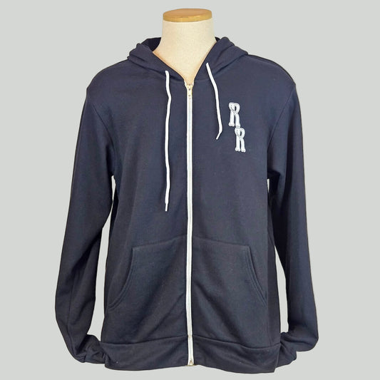 Black hoodie with white zipper and logo on a mannequin against a gray background