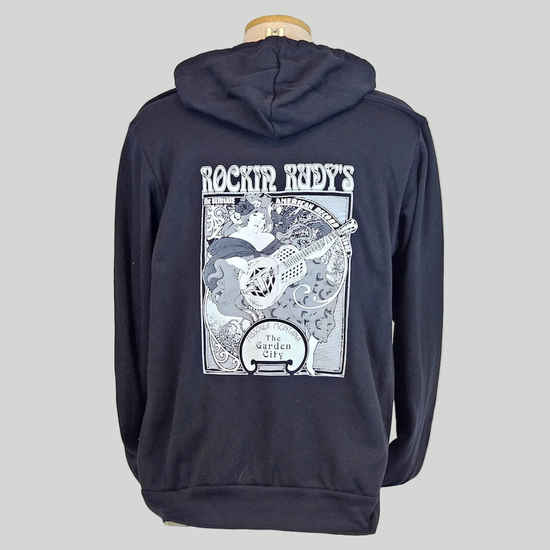 Black hoodie with white graphic design covering back under white text, "Rockin Rudy's"