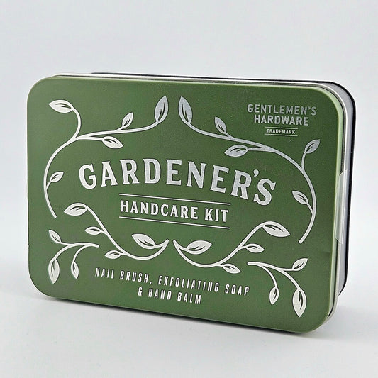 Green tin labeled 'Gardener's Handcare Kit' with white text on a light gray background