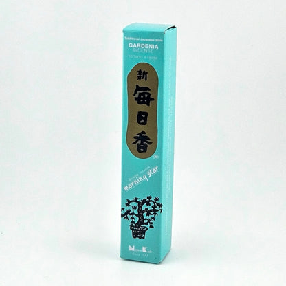 cyan box of 50 incense sticks with Japanese writing above bonsai tree packaging on gray background.