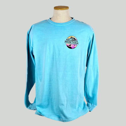 Blue long-sleeve shirt with 'Montana' logo on a mannequin against a white background