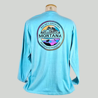 Light blue long-sleeve shirt with Montana graphic on a mannequin against a white background