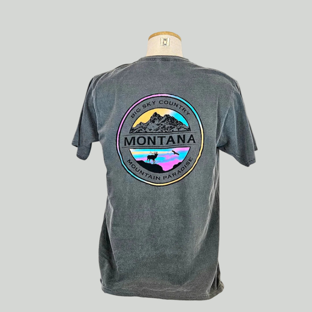 Gray t-shirt with Montana graphic on a mannequin against a white background