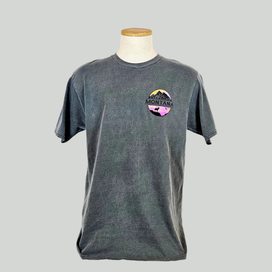 Gray t-shirt with a 'Montana' logo on a mannequin against a white background