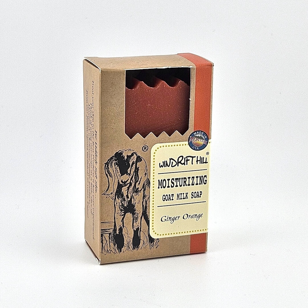 Box of Windrift Hill moisturizing goat milk soap on a gray background